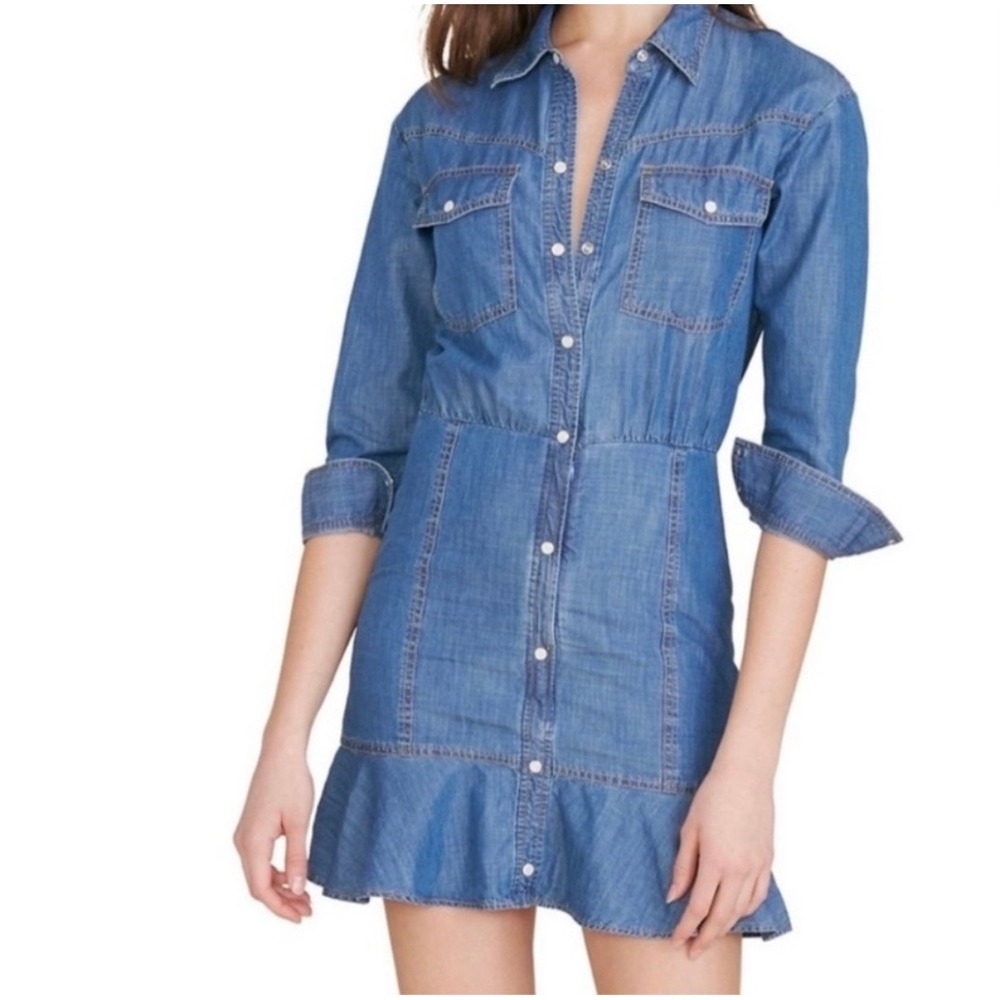 Veronica Beard Mura Chambray Shirt Dress Indigo Blue Ruffle Hem Mini Size 0 NWT